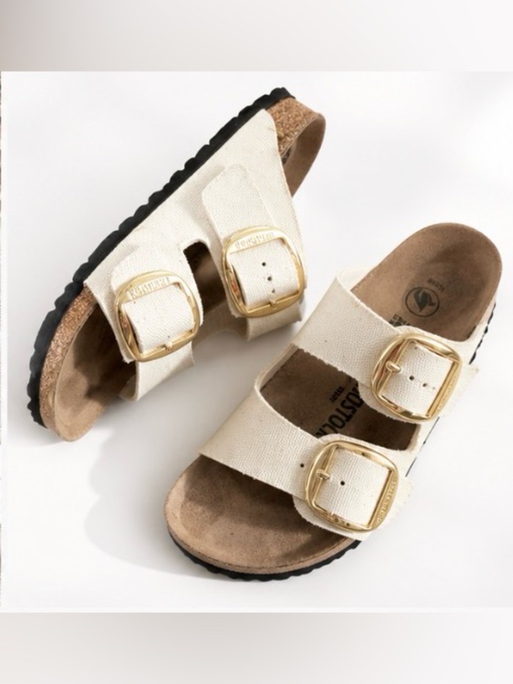 Birkenstock Arizona Big Buckle Canvas Sandals Cream Gold Buckle EU 37 Narrow